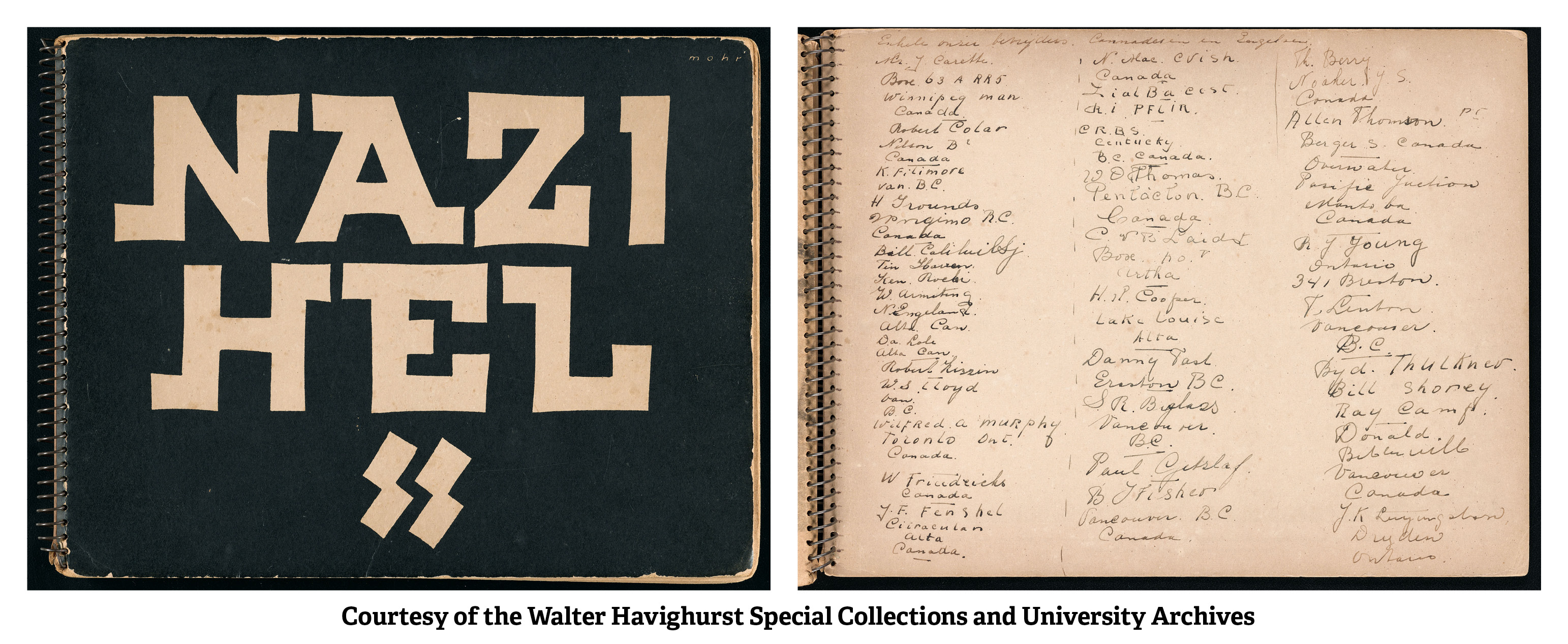 Front cover of Nazi Hel SS, 1945 and Inside cover of Nazi Hel inscribed with the names of British and Canadian soldiers who liberated Bergen-Belsen